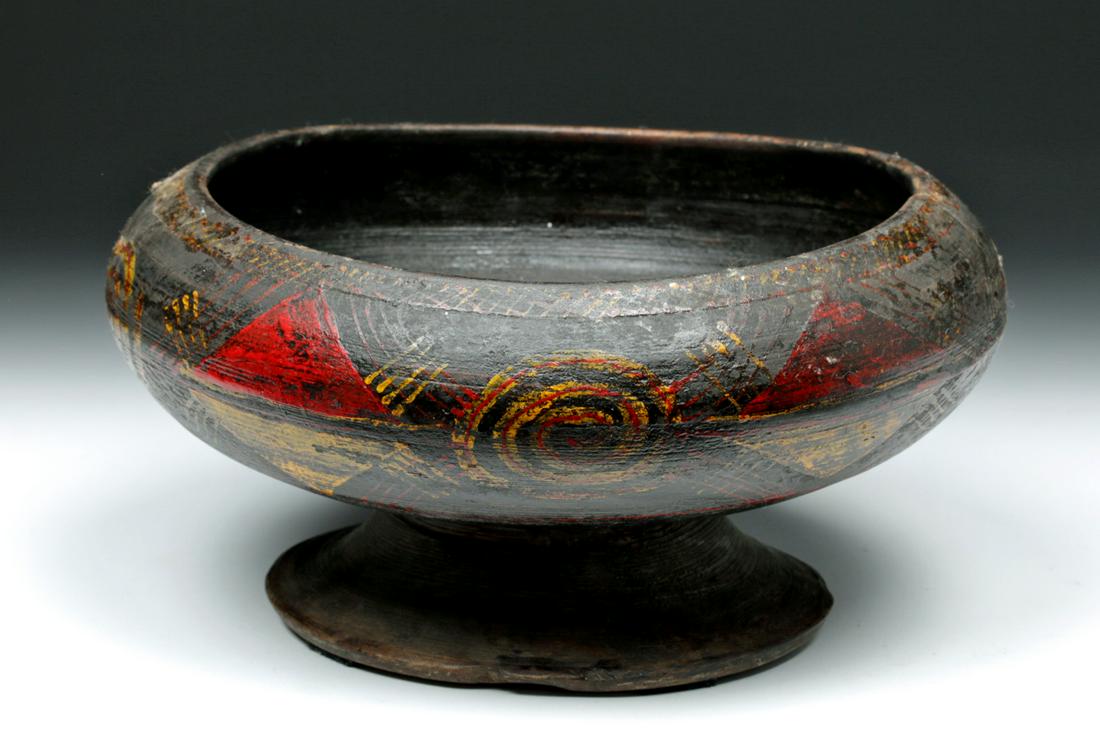 Attractive 19th C. Nepalese Wooden Pedestal Bowl: **Originally Listed At $150** Central Asia, Nepal, ca. 19th century CE. A beautiful and finely-detailed wooden bowl carved from a lustrous brown hardwood, with a wide footed pedestal base, large and r