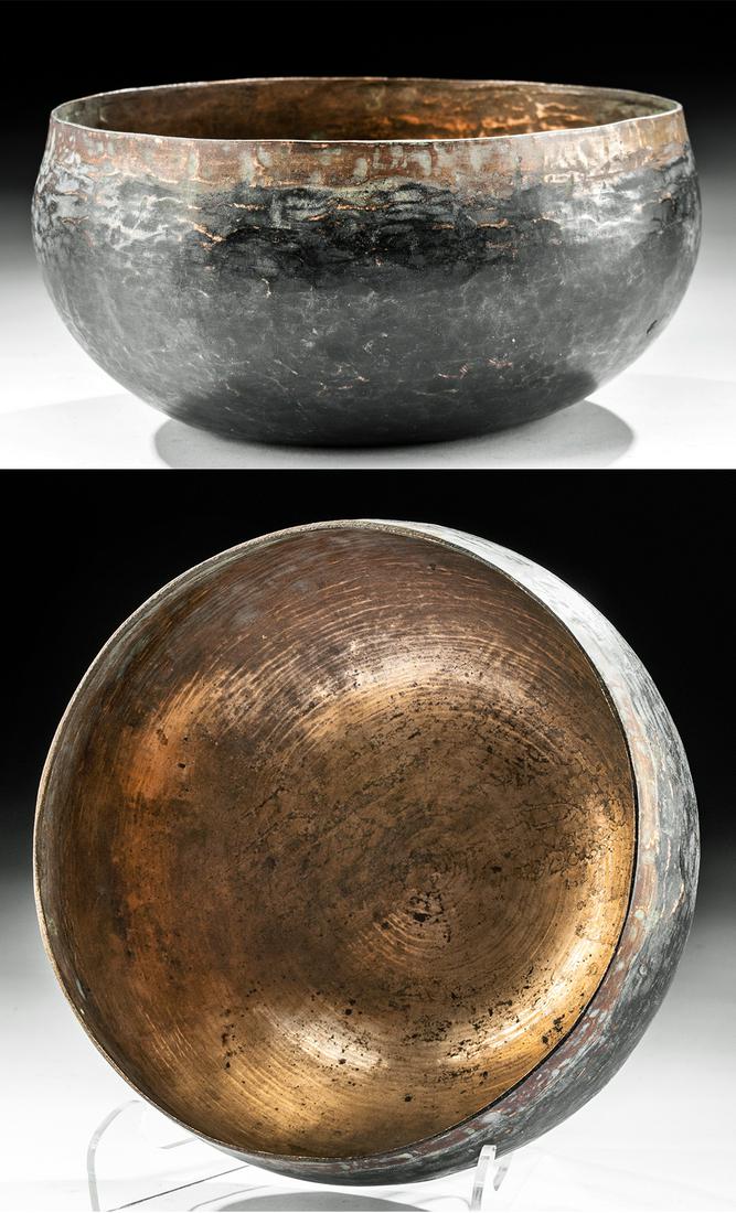 20th C. Nepalese Brass Singing Bowl: **Originally Listed At $150** Central Asia, Nepal, ca. mid to late 20th century CE. A broad sheet-brass bowl formed with a slightly concave base, rounded walls, and a thin rim that surrounds the deep 