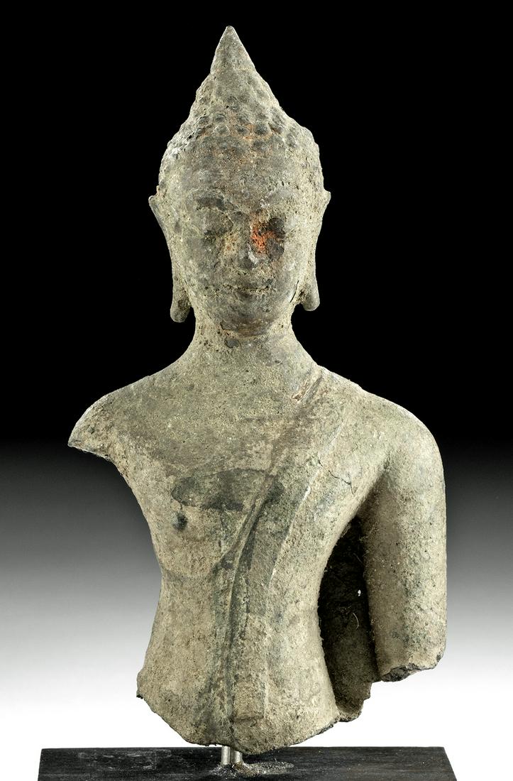 17th C. Thai Chiang Saen Bronze Bust of Buddha: **First Time At Auction** Southeast Asia, Northern Thailand, Chiang Saen, Lanna style, ca. 17th to 18th century CE. A fabulous cast-bronze, Lanna-style bust of Buddha shown from the waist up. He wears