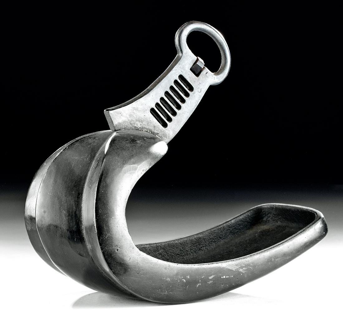 20th C. Japanese Steel Abumi / Stirrup: **Originally Listed At $250** East Asia, Japan, World War II period, ca. 1941 to 1945 CE. A wonderful example of a carbon-steel abumi (stirrup) cast in three parts that include a shallow foot well, a 