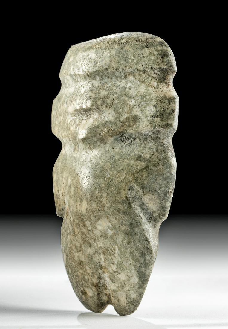 Mezcala Stone Axe God Figure: **First Time At Auction** Pre-Columbian, Mexico, Guerrero region, Mezcala, ca. 500 to 100 BCE. A lovely axe god figure, hand-carved from a mottled greenstone of pale sage-green hues. The Mezcala sculp