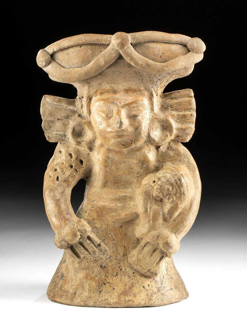 Striking Maya Pottery Votive Figure with Baby: **First Time At Auction** Pre-Columbian, Mexico and northern Central America, Maya Territories, Late Classic, ca. 550 to 900 CE. A large, striking pottery votive figure depicting a standing priestess 