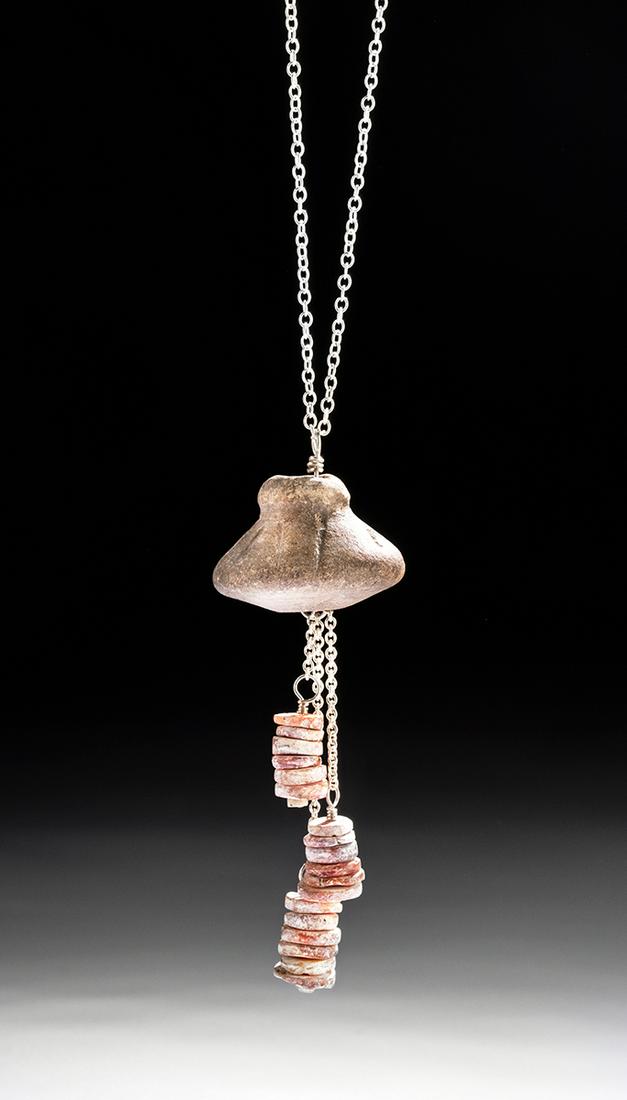 Valdivian Spindle Whorl & Spondylus Shell Necklace: **Originally Listed At $100** Pre-Columbian, Ecuador, Valdivian people, Earliest Horizon, ca. 2300 to 2000 BCE. A fabulous necklace of a wearable form composed of a modern sterling silver chain with l