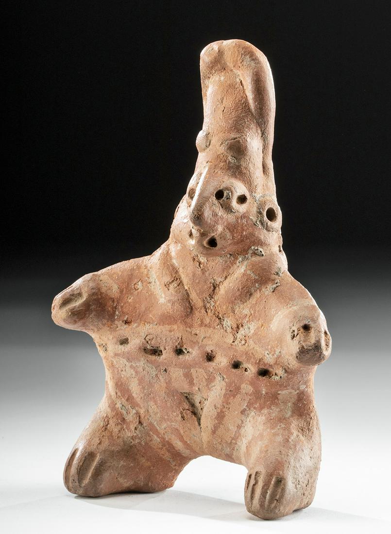 Jalisco Pottery Figure - Seated Woman: **First Time At Auction** Pre-Columbian, West Mexico, Jalisco, ca. 300 BCE to 300 CE. A lovely seated figure of a woman with a broad body and characteristically long, ovoid head, made to grace a shaft