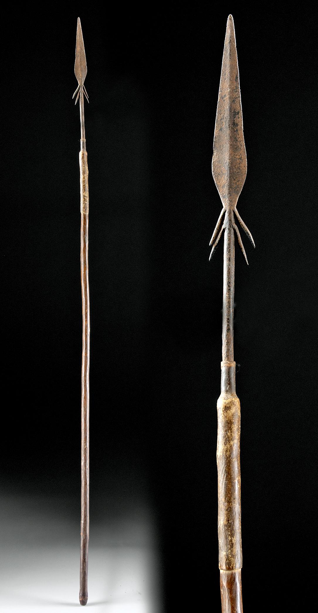 19th C. Sudanese Mahdist Period Steel Thrusting Spear: **Originally Listed At $200** Central Africa, Sudan, ca. 1890s CE. A fascinating weapon, a steel spear with twin barbs at its base, a long, thin tang, a narrow socket cast as a separate piece, and a t