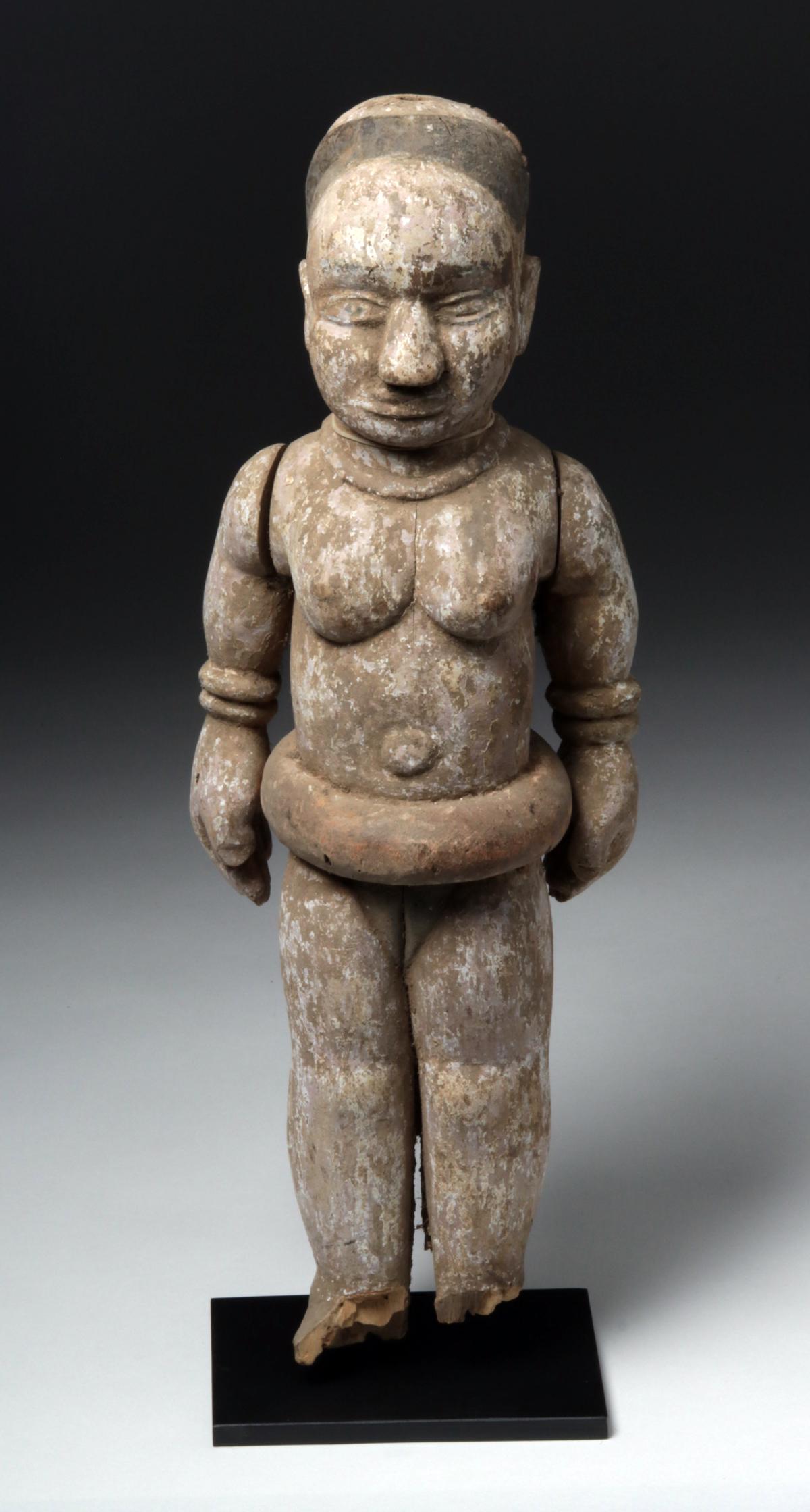 Mid-20th C. African Igbo Wood Articulated Female Figure: **Originally Listed At $250** Western Africa, Nigeria, Igbo peoples, ca. mid 20th century CE. A tall anthropomorphic standing female figure, her form denoted by finely-carved features and accentuated 