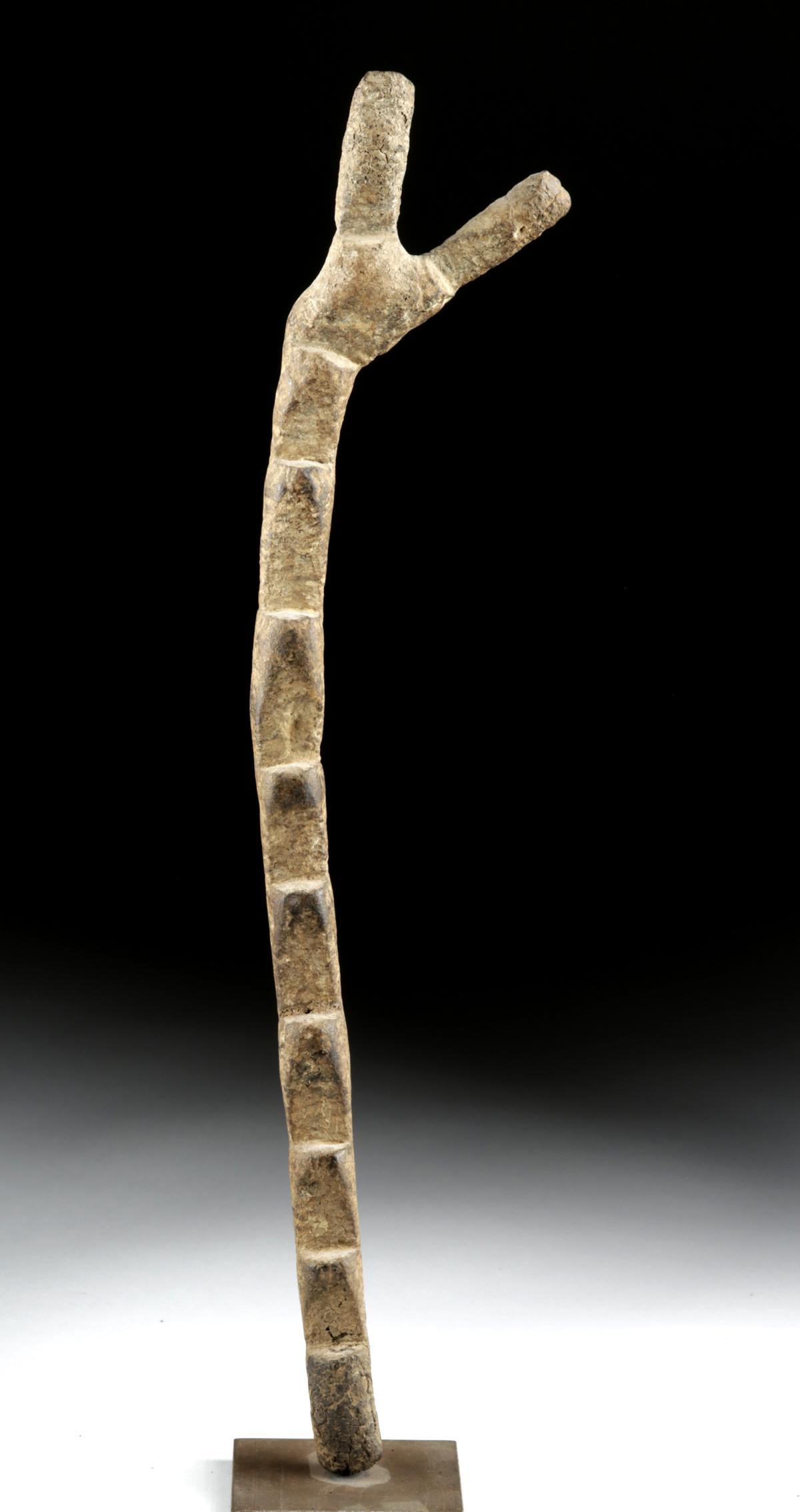 20th C. Dogon Wooden Votive Ladder: **Originally Listed At $150** West Africa, Mali, Dogon, ca. first half of the 20th century CE. A hand-carved wooden stick with nine small notches carved onto the front side. The lower tip of the stick