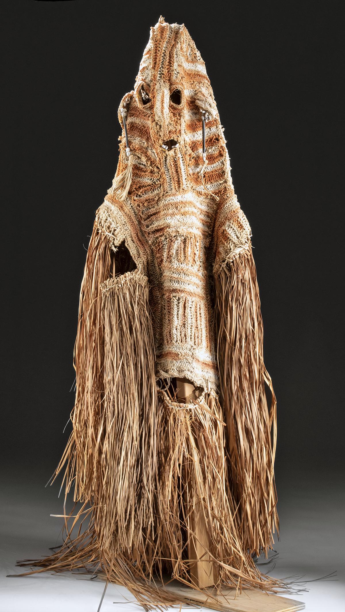 Mid 20th C. West Papua Asmat Fiber Body Mask: **Originally Listed At $200** Indonesia, western Irian Jaya / West Papua, Asmat people, ca. mid 20th century CE. A beautifully preserved example of a Jipae festival body mask. It features a woven bask