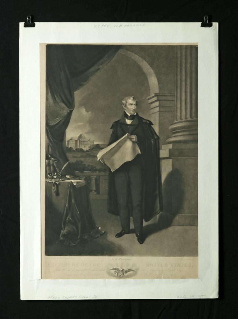 19th C. Engraving after T. Sully - "W. H. Harrison": **Originally Listed At $150** John Sartain (British/American, 1808-1897) and William E. Tucker (American, 1801-1857) after Thomas Sully, Jr. (1808-1897). Mezzotint and stipple on cream wove paper. Ca.