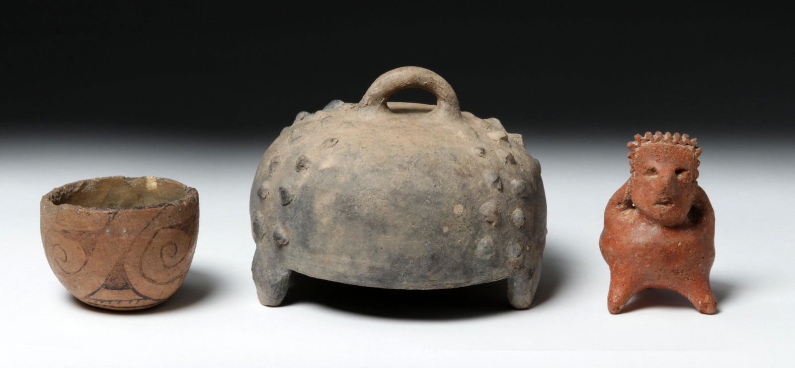 Trio Colima Ceramic Incensario Lid, Figural Olla, & Jar: **Originally Listed At $125** Pre-Columbian, West Mexico, Colima, ca. 300 BCE to 300 CE. A trio of terracotta vessels. First a small figural jar with a rounded body and mask-like head rising from one