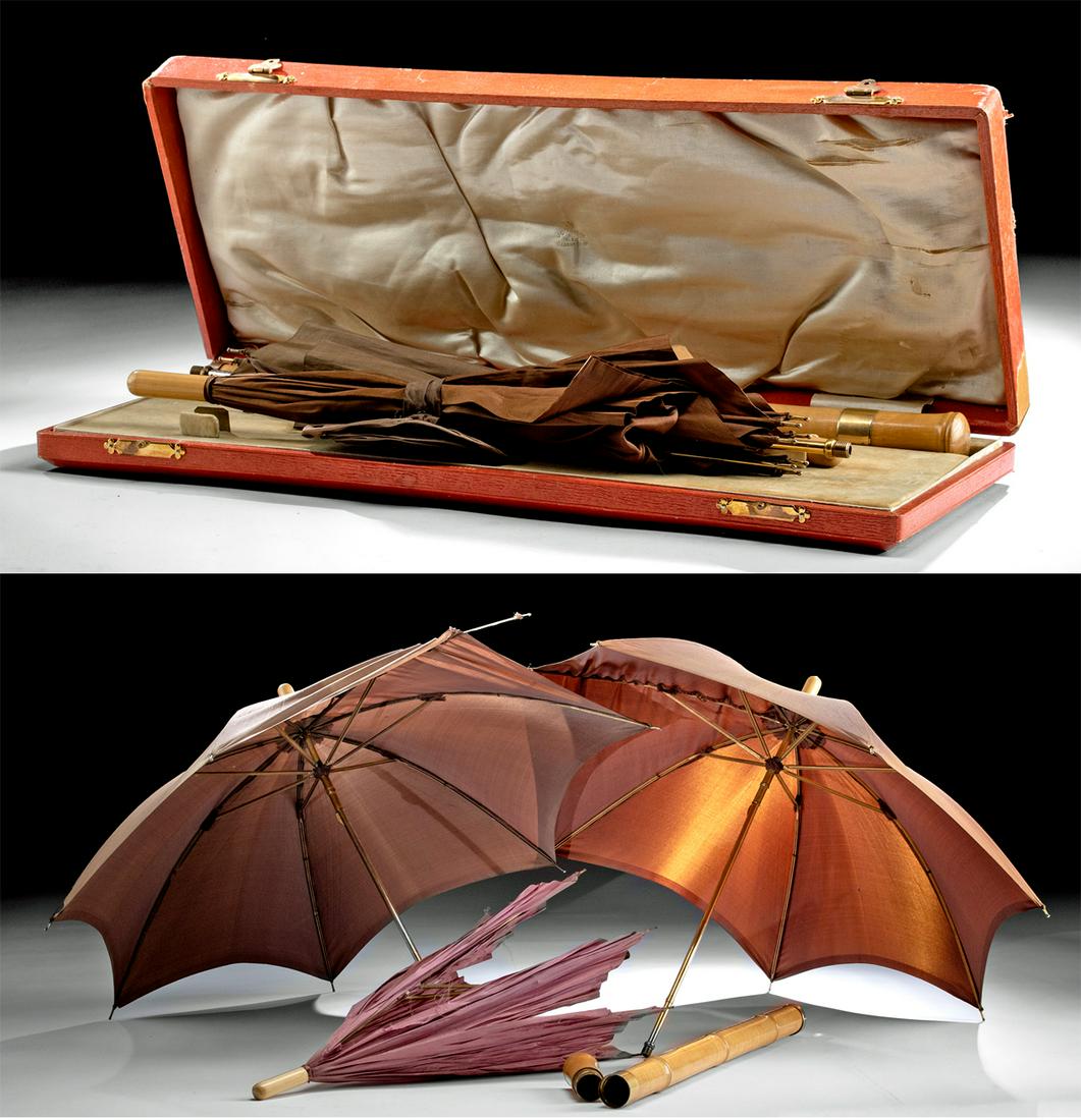 Antique British Silk, 18K Gilt, Bamboo Parasol Set: **Originally Listed At $100** Europe, England, ca. 1900 to 1910. A lovely trio of antique Piccolo umbrellas with silk covers (2 brown and 1 rose), 18K gold gilt copper fittings, and a silk cord with a
