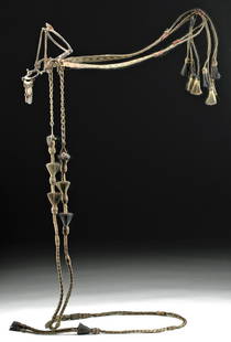 19th C. N. American Horsehair Bridle, Reins & Ring Bit: North America, Mexico or United States, ca. 19th century CE. A fine example of a horse bridle braided from lengths of horsehair and dyed in brown and tan hues. The bridle has tassels bound to the