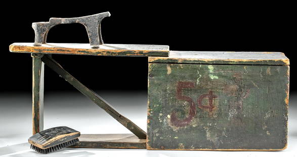 19th C. American Painted Wood Shoeshine Bench 5 cents: North America, United States, ca. late 19th century CE. A nice example of a shoeshine bench with a large rectangular body with a swiveled door that opens to reveal an interior compartment. The 5-cent