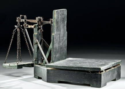 Early 19th C. American Wood & Iron Tobacco Scale: North America, United States, ca. early to mid-19th century CE. A functioning tobacco scale with a hollow wooden body filled with iron mechanical components used to operate the scale. A petite