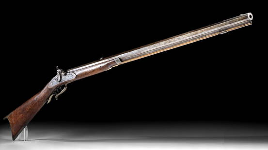 19th C. Pennsylvania Steel & Maple Percussion Rifle: North America, Eastern United States, Pennsylvania, ca. first half of the 19th century CE. A gorgeous Pennsylvania mountain long rifle with a carbon-steel percussion mechanism attached to the side of