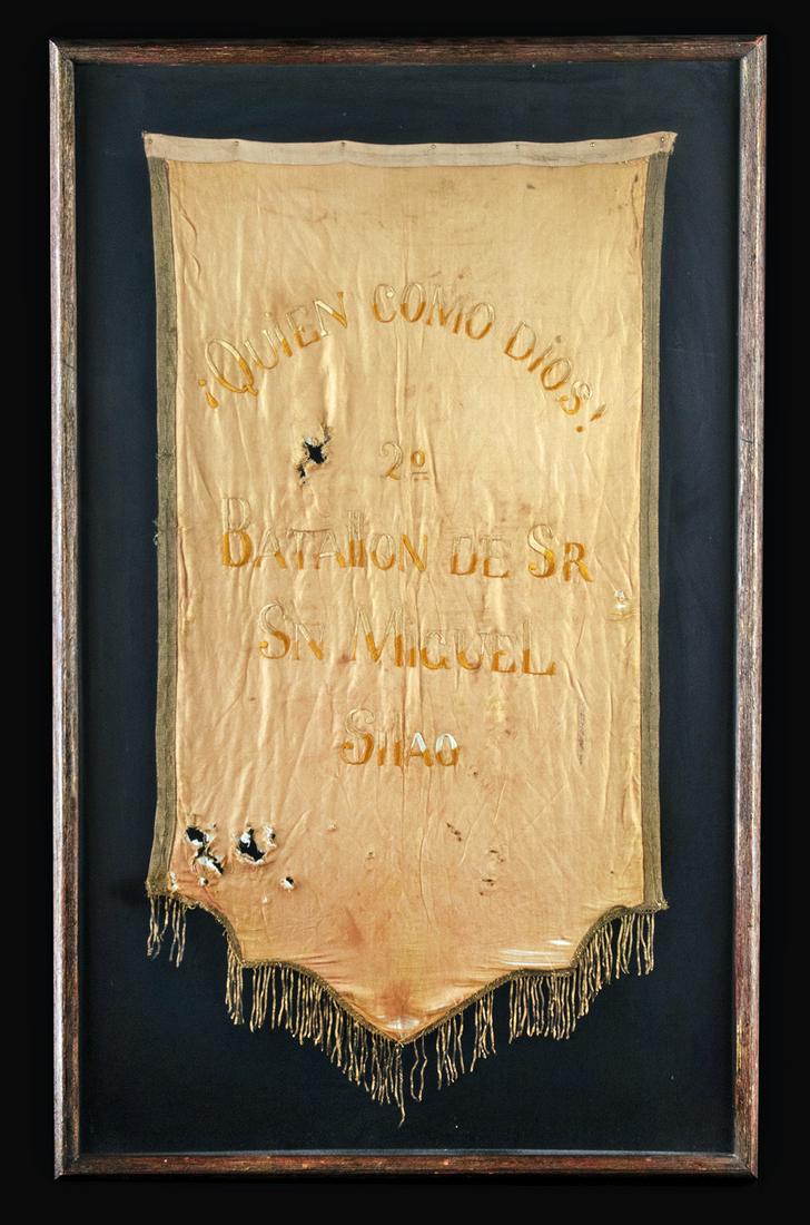 Framed 20th C. Mexican Cristero War Textile Standard: North America, Central/Western Mexico, Cristero War (also La Cristiada), ca. 1926 to 1929 CE. A broad battle standard woven from cotton fibers that was used by the Catholic rebels against the seculari
