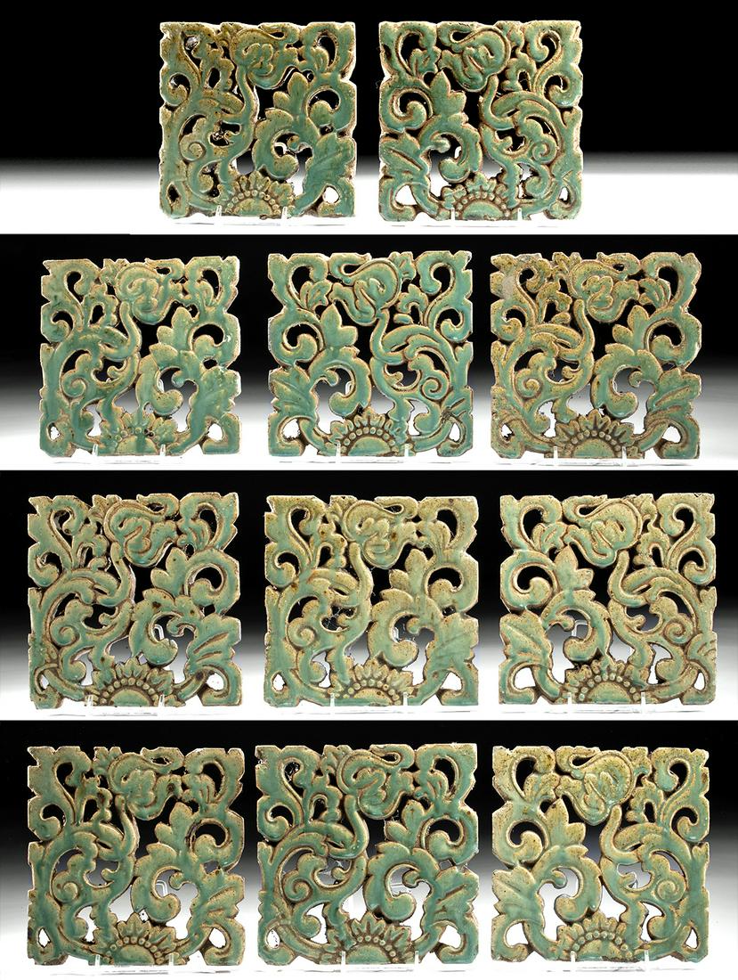 Lot of 11 Chinese Ming Dynasty Glazed Pottery Tiles: East Asia, China, Ming Dynasty, ca. 1368 to 1644 CE. An enticing set of eleven mold-formed pottery tiles that are enveloped on the topside with lustrous glaze in hues of yellow, green, and turquoise. 