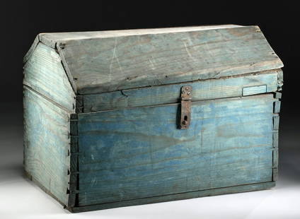 Painted Late 18th C. New Mexican Wood Chest: North American, New Mexico, Spanish Colonial Period, ca. late 18th to early 19th century CE. A handsome, large wooden chest, featuring a form that resembles a house with a hipped roof, iron hinges