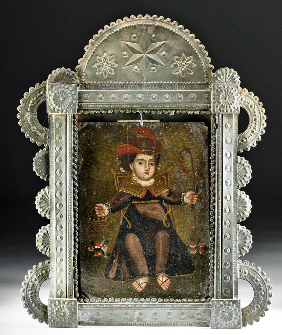 19th C. Mexican Tin Retablo - Nino de Atocha: Spanish Colonial, Mexico, ca. 19th century CE. A finely painted retablo on heavy gauge tin depicting the Christ Child as El Nino de Atocha - set in a stunning tin nicho adorned with rosettes at the co
