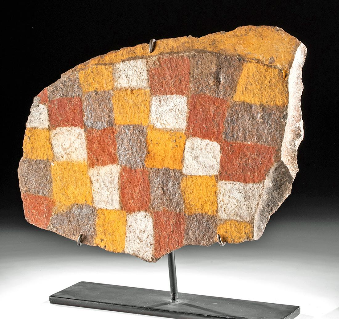 Large / Rare Inca Chucu Stone Plaque - Checkerboard: Pre-Columbian, southern Peru, Inca hinterlands (Chucu), ca. 1000 to 1500 CE. A rare large, stone example of a Chucu plaque. It features a powerful visual ordering of space with three vibrant natural p