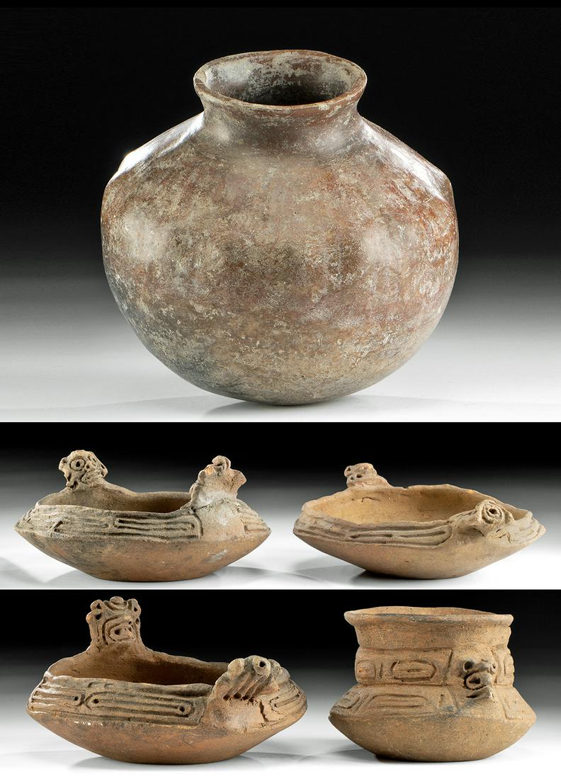 Lot of 4 Taino Pottery Vessels & 1 Colima Pottery Jar: Pre-Columbian, West Mexico, Colima, ca. 300 BCE to 300 CE; Caribbean/Florida, Taino/Arawak people, ca. 15th century CE. A set of five hand-built pottery vessels from ancient West Mexico and the Caribb