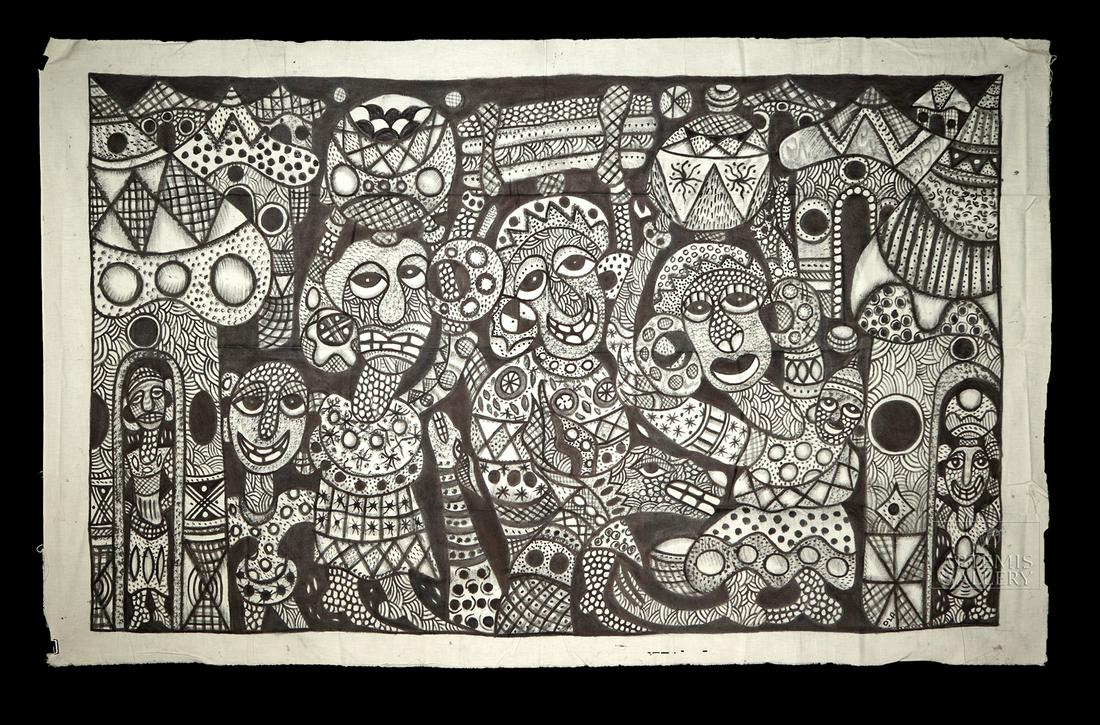 Signed African Oshogbo Painting - Market Women ca. 2010: Africa, Nigeria, artist: Ola of the Oshogbo School, signed Ola on lower right, ca. 2010. A vibrant ink painting on cotton fabric created by Ola of the Osogbo (Oshogbo) School. This composition feature