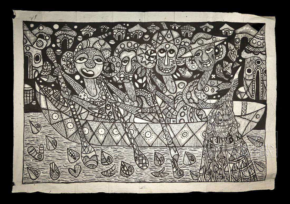 Signed African Oshogbo Painting - Fishermen ca. 2010: Africa, Nigeria, artist: Ola of the Oshogbo School, signed on lower center, ca. 2010. A vibrant painting on cotton fabric created by Ola of the Osogbo (Oshogbo) School. This composition features four 