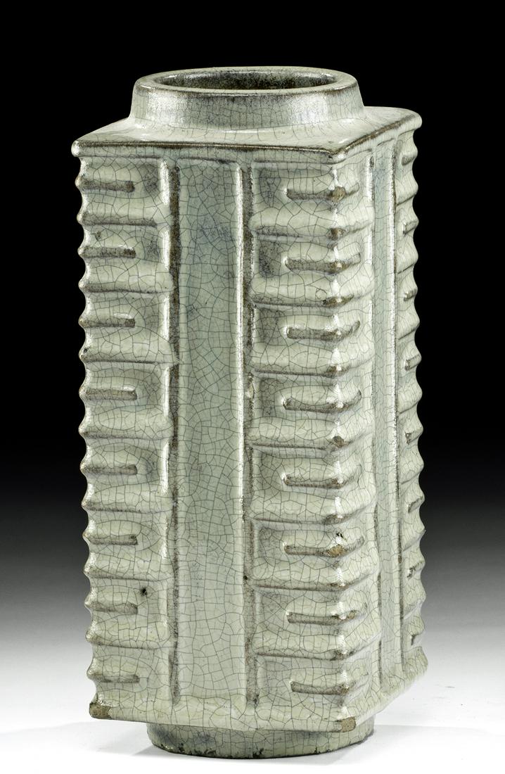 Chinese Ming Celadon-Glazed Ceramic Cong-Shaped Vase: East Asia, China, Ming Dynasty, ca. 1368 to 1644 CE. A stunning celadon glazed ceramic vase in the shape of a Neolithic jade cong, the symbol of heaven and earth. During the Ming Dynasty, the Chinese 