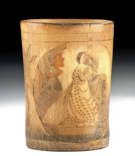 19th C. American Buffalo Horn Scrimshawed Vessel: North America, 19th century CE. An antique buffalo horn vessel finely engraved with mesmerizing scenes of female figures or goddesses and flowering foliage, all skillfully delineated via the