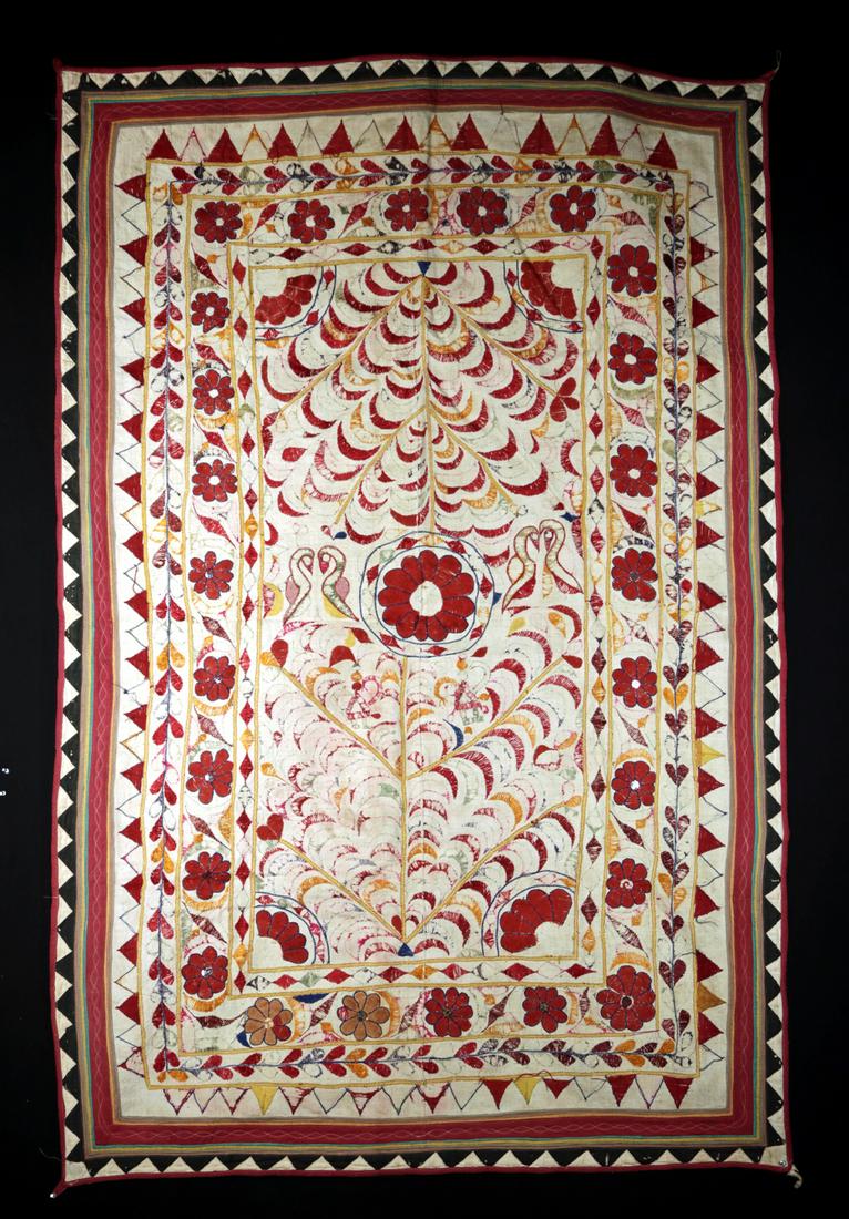 20th C. Indian Rajasthan Embroidered Blanket Florals: Central Asia, India, Rajasthan, ca. mid 20th century CE. A beautifully embroidered blanket, decorated with a motif of brilliant red flowers with alternating red and yellow/orange leaves in radiating b