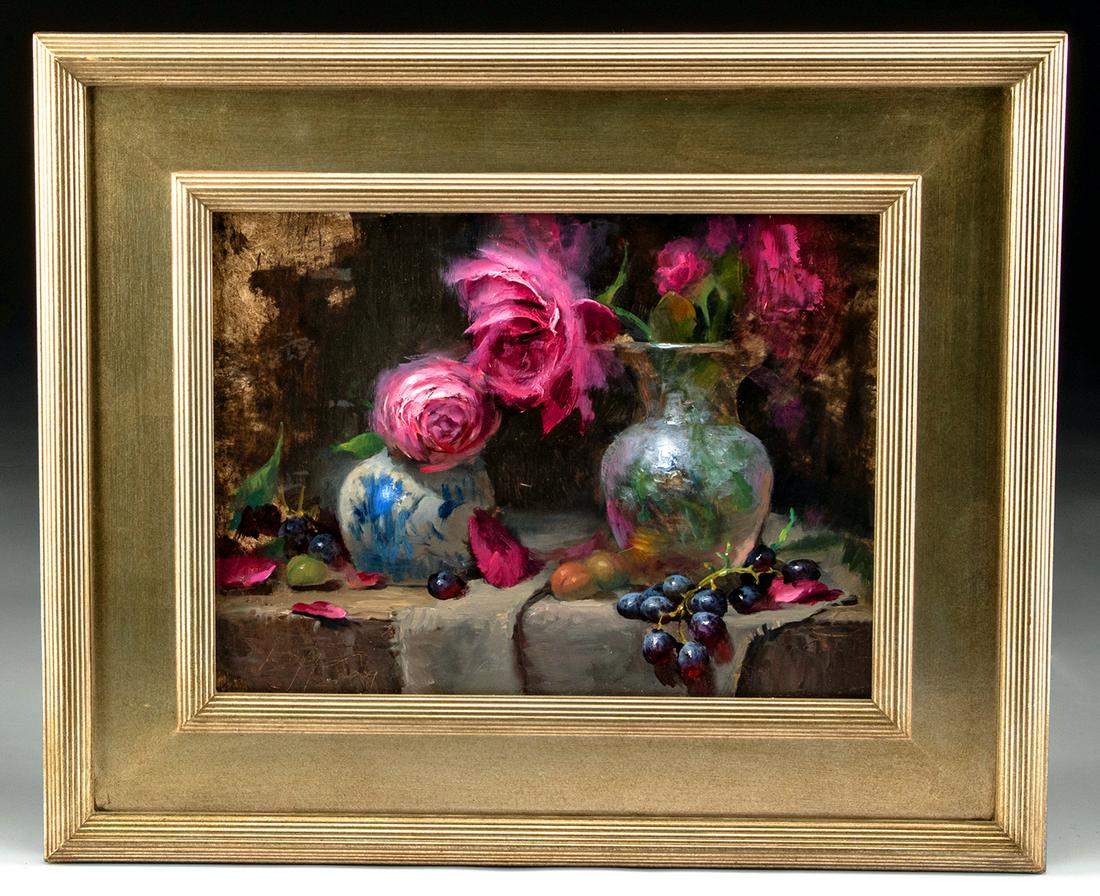 Jeff Legg Oil Painting, "Jan's Roses" (2009): Jeff C. Legg (American, b. 1959). "Jan's Roses" oil on board. 2009. Signed and dated on lower left. One of the most beautiful still life paintings we have had the privilege of handling, Jeff C. Legg's