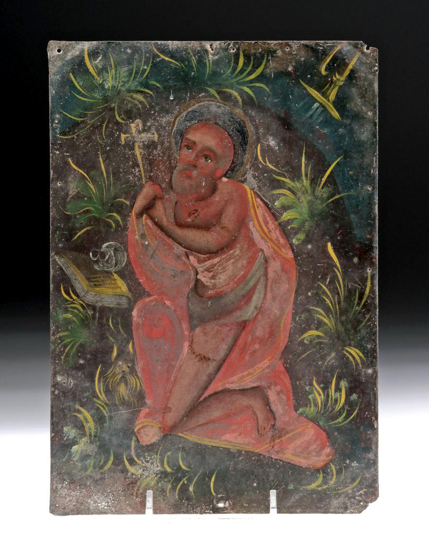 19th C. Mexican Painted Tin Retablo - San Jeronimo: Latin America, Mexico, 19th c. Antique tin retablo with painting of San Jeronimo, Defensor de la Fe y Abogado para la Buena Muerte (Saint Jerome, Defender of the Faith and Intercessor for a Holy or Pe