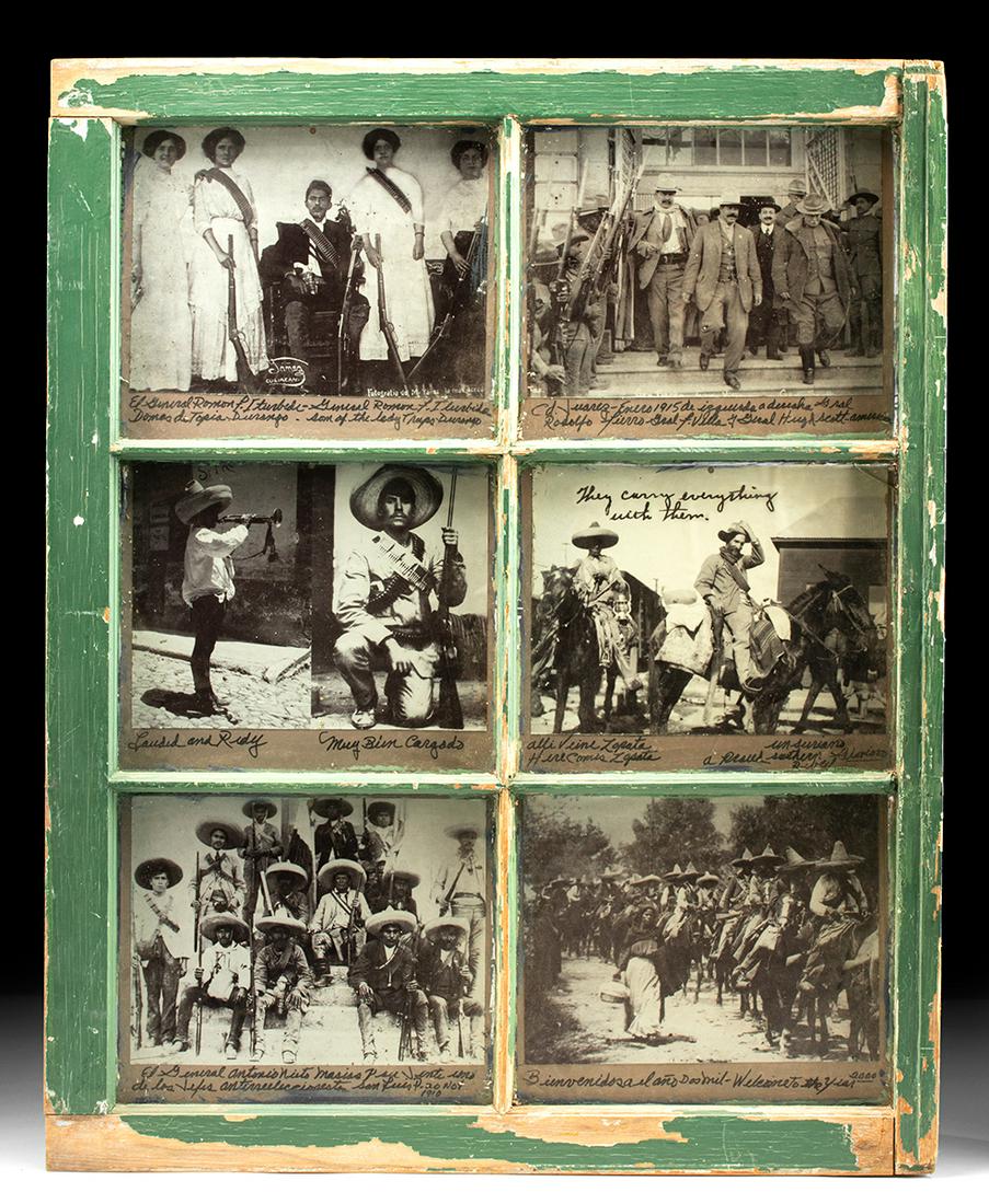 Framed Photos of Mexican Revolutionaries, ca. 1910: Latin America, Mexico, ca. 1910. Six antique photographs of Mexican Revolution figures set in a charming window frame behind glass and with handwritten captions. Clockwise from upper left: (1) General