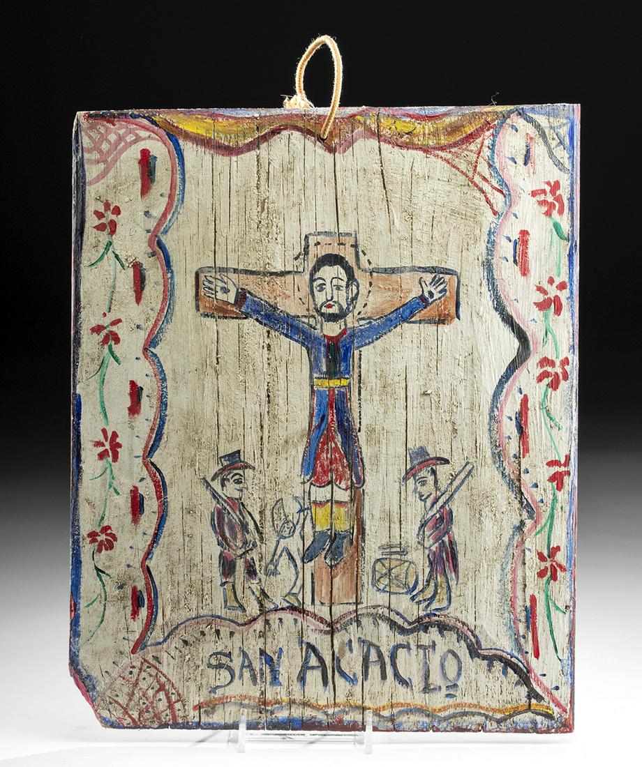 19th C. New Mexican Wood Retablo of San Acacio: Mexico or possibly Hispanic New Mexico, ca. late 19th to early 20th century CE. A wonderful folk art retablo, hand-painted on wood, depicting the crucified San Acacio (Saint Acacius) wearing a militar
