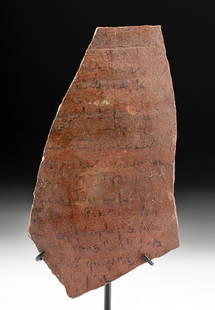 Egyptian Ptolemaic Redware Ostracon w/ Demotic Script: Egypt, Ptolemaic Period, ca. 332 to 30 BCE. A fine redware pottery ostracon formed from a potsherd and adorned with roughly fifteen fragmentary lines of Demotic script written in black ink. Ostracons