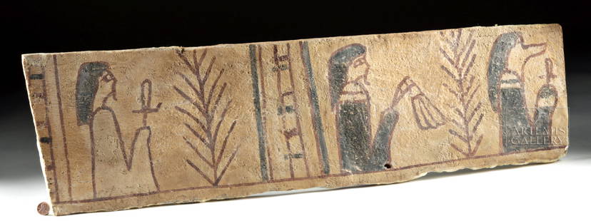 Egyptian Gesso / Painted Wood Coffin Panel: Egypt, Late Dynastic Period, 26th to 31st Dynasty, ca. 664 to 332 BCE. A beautiful sarcophagus panel fragment, of a rectangular form carved from finely-grained cedar wood, with a painted yellow-brown