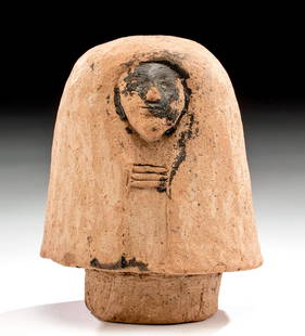 Egyptian Terracotta Canopic Jar Lid of Imsety TL Tested: Ancient Egypt, Third Intermediate to Ptolemaic period, ca. 837 to 30 BCE. A hollow-molded terracotta canopic jar lid depicting the face of Imsety, the human-headed god who is one of the four Sons of