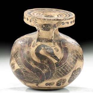 Corinthian Pottery Aryballos with Harpy & Swan: Greece, Corinth, Rhodes, or eastern Greece, Archaic period, ca. 600 BCE. A gorgeous aryballos with a harpy and a swan painted in the "Orientalizing" style around the exterior. An aryballos is a