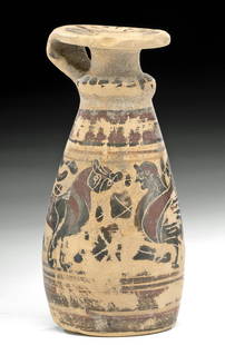 Corinthian Pottery Alabastron w/ Harpy, Bull, Altar: Greece, Corinth, ca. 6th century BCE. A tall, slender polychrome alabastron - used for holding perfumes and scented oils - with a characteristic round bottomed, piriform body that rises to a flat rim
