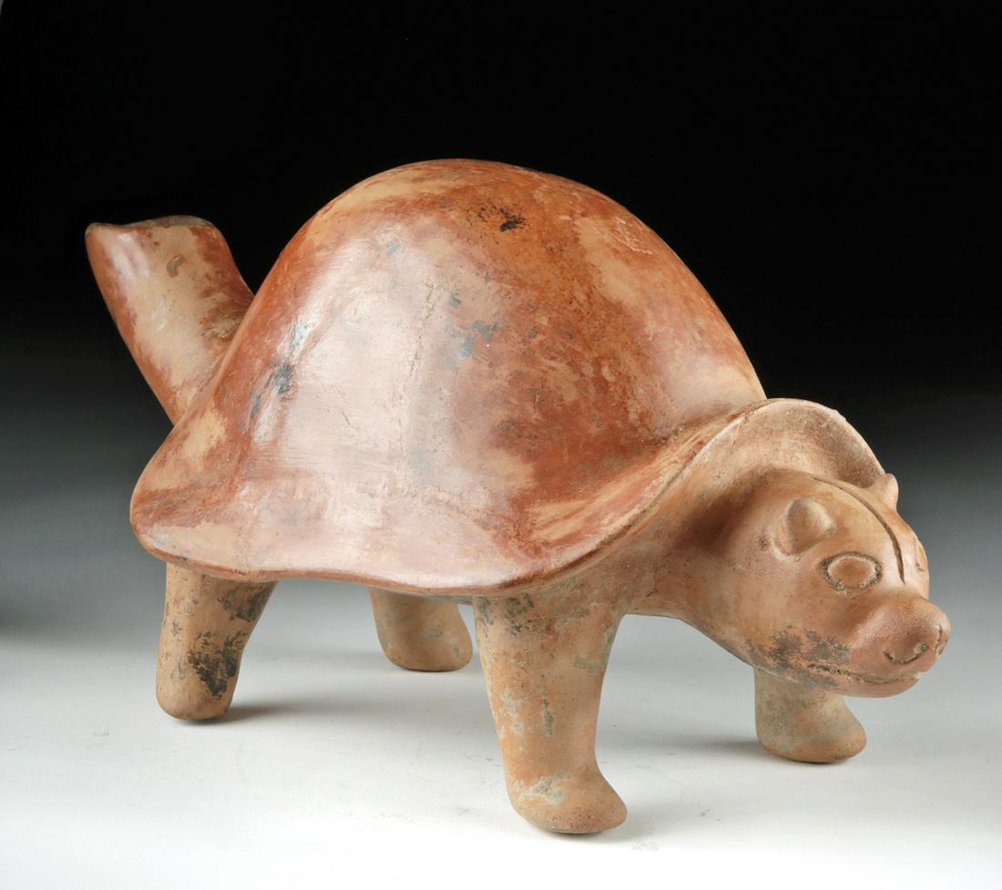 Colima Redware Dog Vessel w/ Turtle Shell: Pre-Columbian, West Mexico, Colima, Protoclassic period, ca. 100 BCE to 250 CE. A beautiful hand-built pottery turtle-dog vessel with a highly-burnished, lustrous red slip finish, and wonderful zoomor