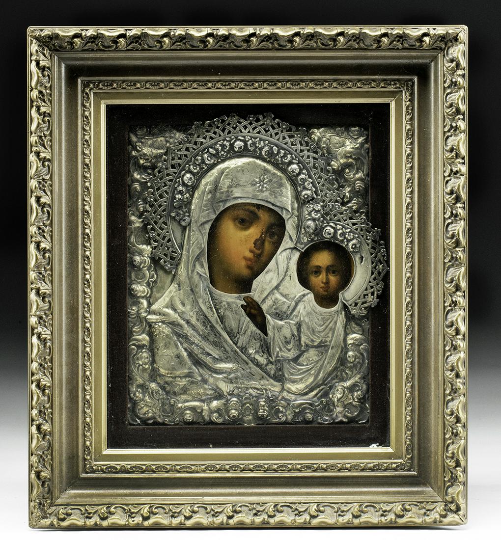 19th C. Russian Icon w/ Oklad - Virgin & Child: Eastern Europe, Russia, ca. late 19th century CE. Beautifully painted in egg tempera and gesso on wood and fitted with a stunning oklad, this icon presents the Virgin Hodegetria ("She who shows the wa