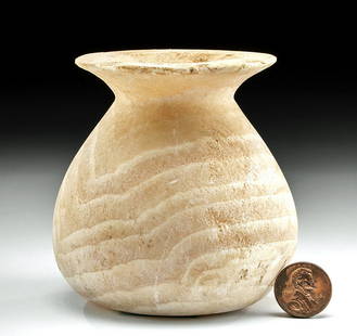 Egyptian Banded Alabaster Piriform Jar: Egypt, Late Dynastic Period, 26th to 31st Dynasty, ca. 664 to 332 BCE. A sizable jar, hand-carved from pale-yellow alabaster with creamy-white spotted and banded inclusions. The piriform body rests
