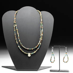 Egyptian Faience Beaded Necklace + Earrings: Egypt, New Kingdom to Late Dynastic Period, Dynasties 18 through 30, ca. 1300 to 300 BC. Lovely wearable double strand of ancient Egyptian "mummy" beads often found adorning the inner linen wrapping