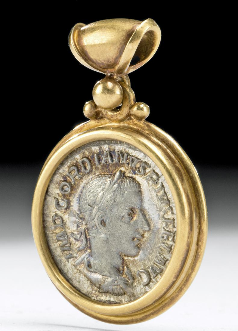 16K+ Gold Pendant w/ Roman Gordian III Denarius: Roman Empire, Gordian III, ca. 238 to 244 CE. AR Denarius. Rome Mint 241 CE. Obverse: Obverse: Laureate, draped and cuirassed bust right, from behind. Reverse: Salus standing right, feeding snake held