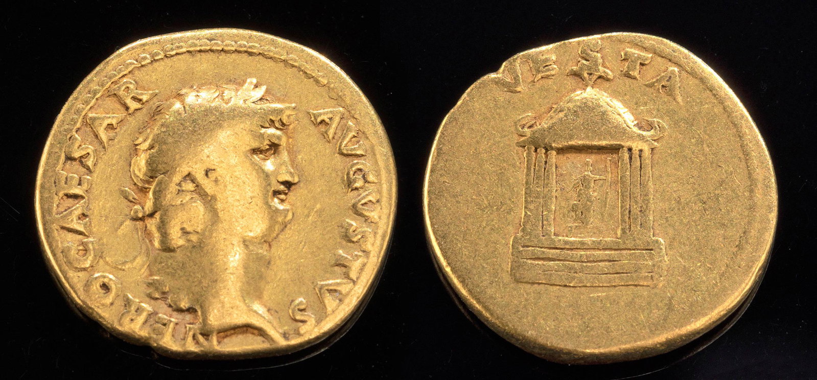Roman Imperial Gold Nero Aureus - Rare to Find!: Roman, Imperial Period, Nero, ca. 54 to 68 CE. Gold aureus. Laureate head right, NERO CAESAR AVGVSTVS. Reverse: the temple of Vesta. RIC.61 (R). Rare! Size: 0.7" W (1.8 cm) Roman coins sometimes show 