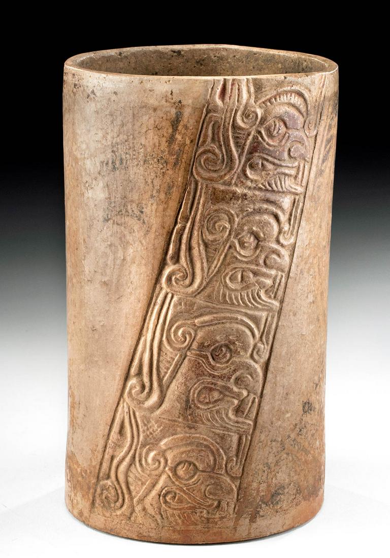 Maya Pottery Cylinder Vessel w/ Carved Glyph Bands: Pre-Columbian, Guatemala, Maya, Late Classic Period, ca. 600 to 900 CE. A beautiful hand-built and highly-burnished creamy brown pottery cylinder with a flat base, lightly-corseted walls, a deep inter