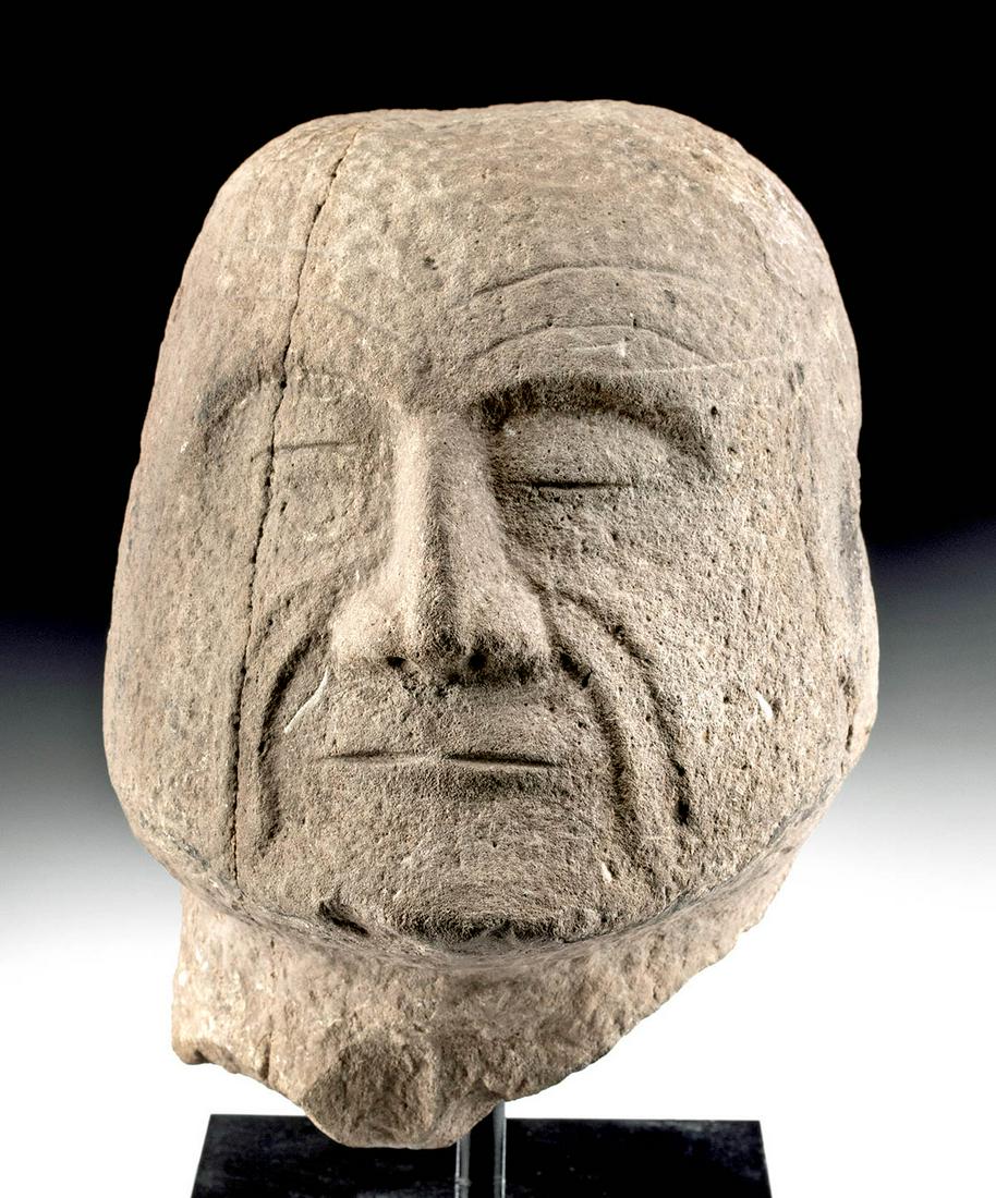 Rare Veracruz Carved Stone Head - Old God: Pre-Columbian, Mexico, Veracruz culture, also known as Totonac (Totonaca), Remojadas, ca. 300 to 600 CE. A fascinating carved basalt head of an old man, representing the Mesoamerican figure known as t