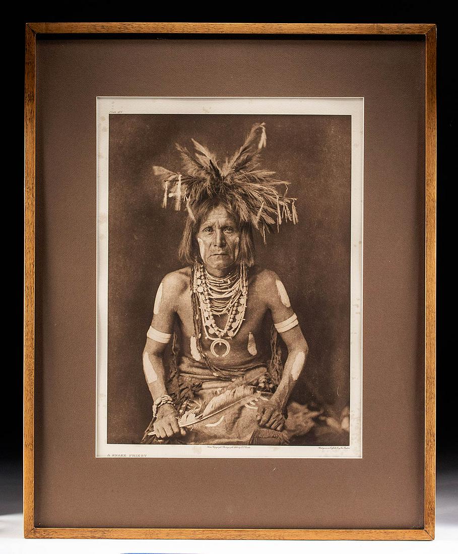 EdwardCurtis Photogravure,Snake Priest - 1900: Edward Sheriff Curtis (American, 1868-1952). "A Snake Priest" published in The North American Indian (1907-1930) Portfolio XII, Plate 418 (Van Gelder) - from copyright photograph 1900 by E.S. Curtis, 