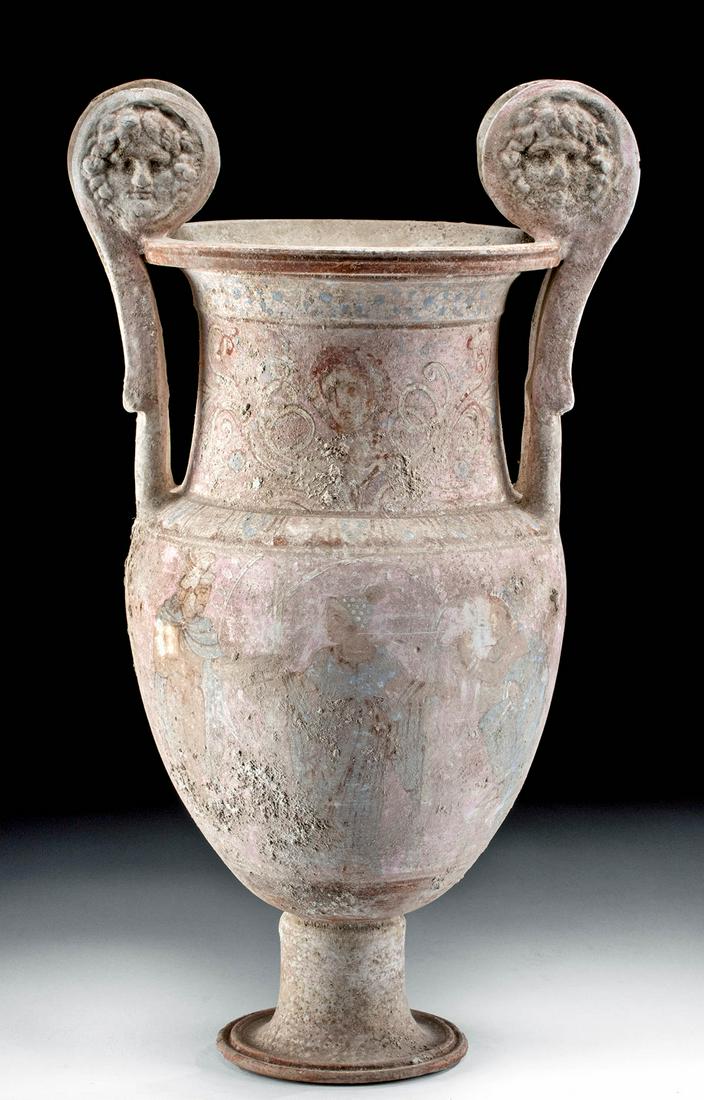 Greek Canosan Polychrome Volute Krater w/ Medusa Masks: Magna Graecia, South Italy, ca. 4th to 3rd century BCE. Among the most impressive Canosan volute kraters we have had the honor of handling, this vessel presents a classic form with twin handles presen
