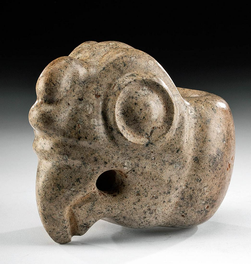 Fine Costa Rican Stone Bird Mace Head: Pre-Columbian, Central America, Costa Rica, Guanacaste/Nicoya region, ca. 1st to 5th century CE. A superb mace head that is hand-carved from mottled beige-hued stone with dark grey and green inclusion